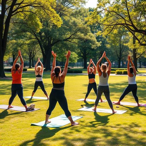 A group of people doing yoga outdoors in a park