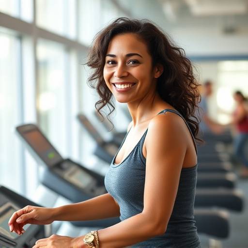 A woman smiling while running on a treadmill in a gym